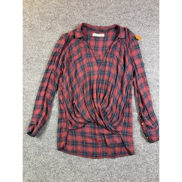 Abercrombie & Fitch Shirt Medium Twist Front Hi Low Hem Red Plaid Long Sleeve - Picture 11 of 11